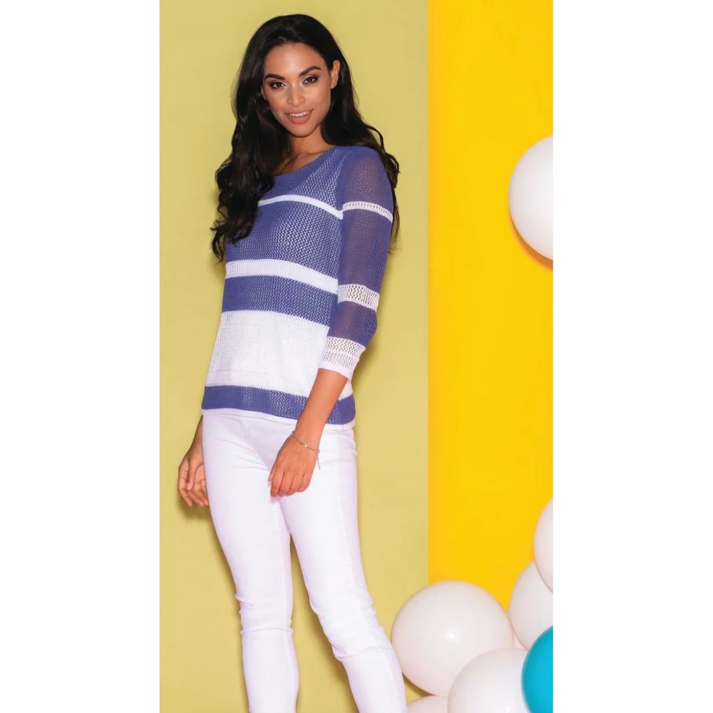 Elena Wang Open Knit Sweater Large Blue White Striped Lightweight Beachy Boho
